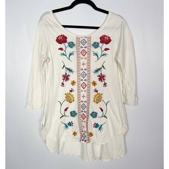 Johnny Was Small Cream Floral Embroidered 3/4 Sleeve Scoop Neck Top Cotton VBack - Picture 1 of 8